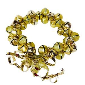 Gold Metal Jingle Bells Wreath 13" Wire Rim Gold Ribbons Christmas Decoration